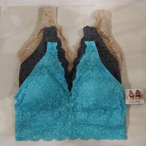 Smart & Sexy NWT Signature Lace Deep V-Bralette 3-Pack XXL Green, Dk.Gray, Beige